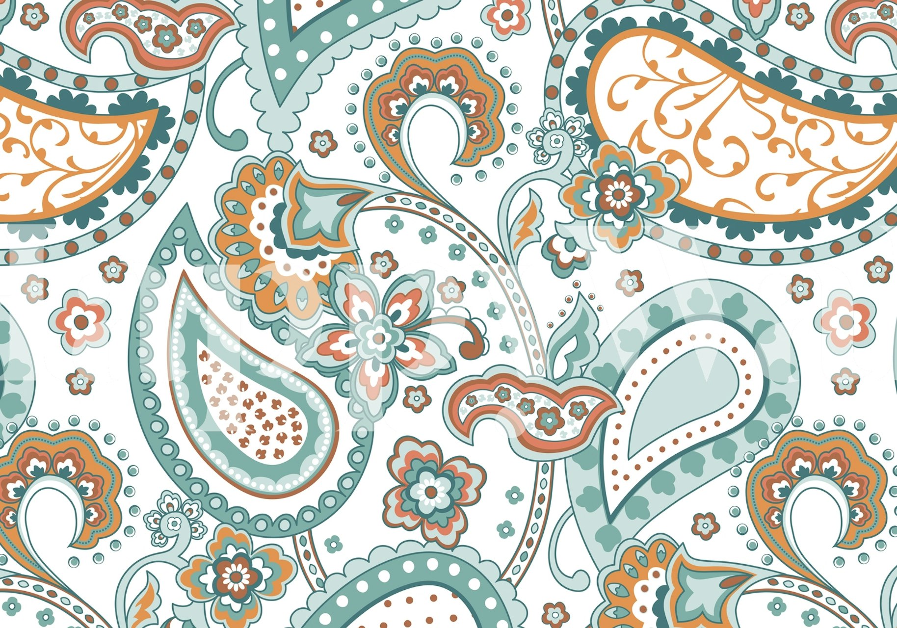 Paisley blue white orange wallpaper in a room