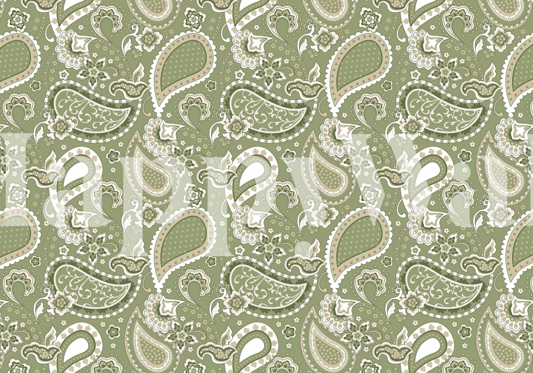 Olive green paisley floral wallpaper with beige patterns