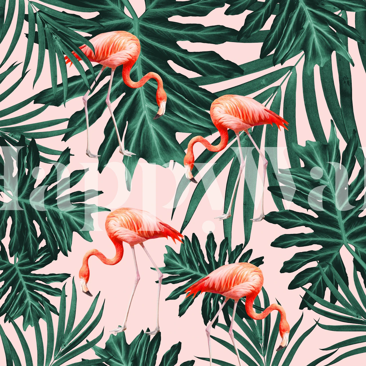 Tropisk sommervægmaleri med flamingoer og grønne jungleblade