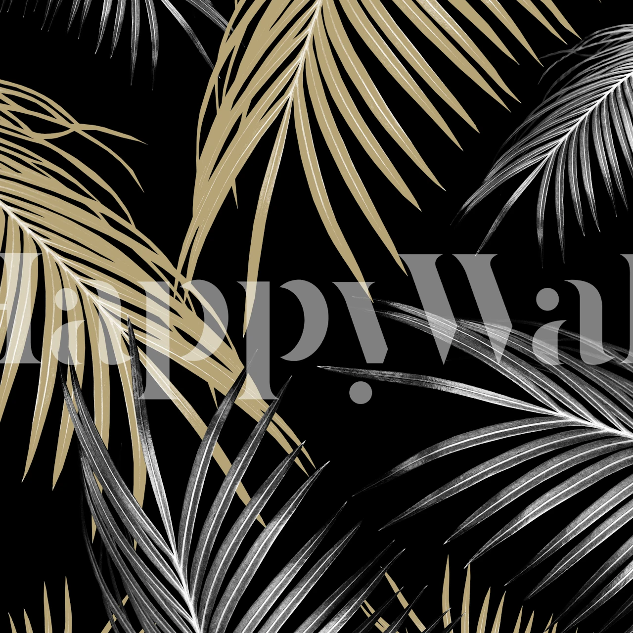 Gold and gray palm leaves on black background wallpaper