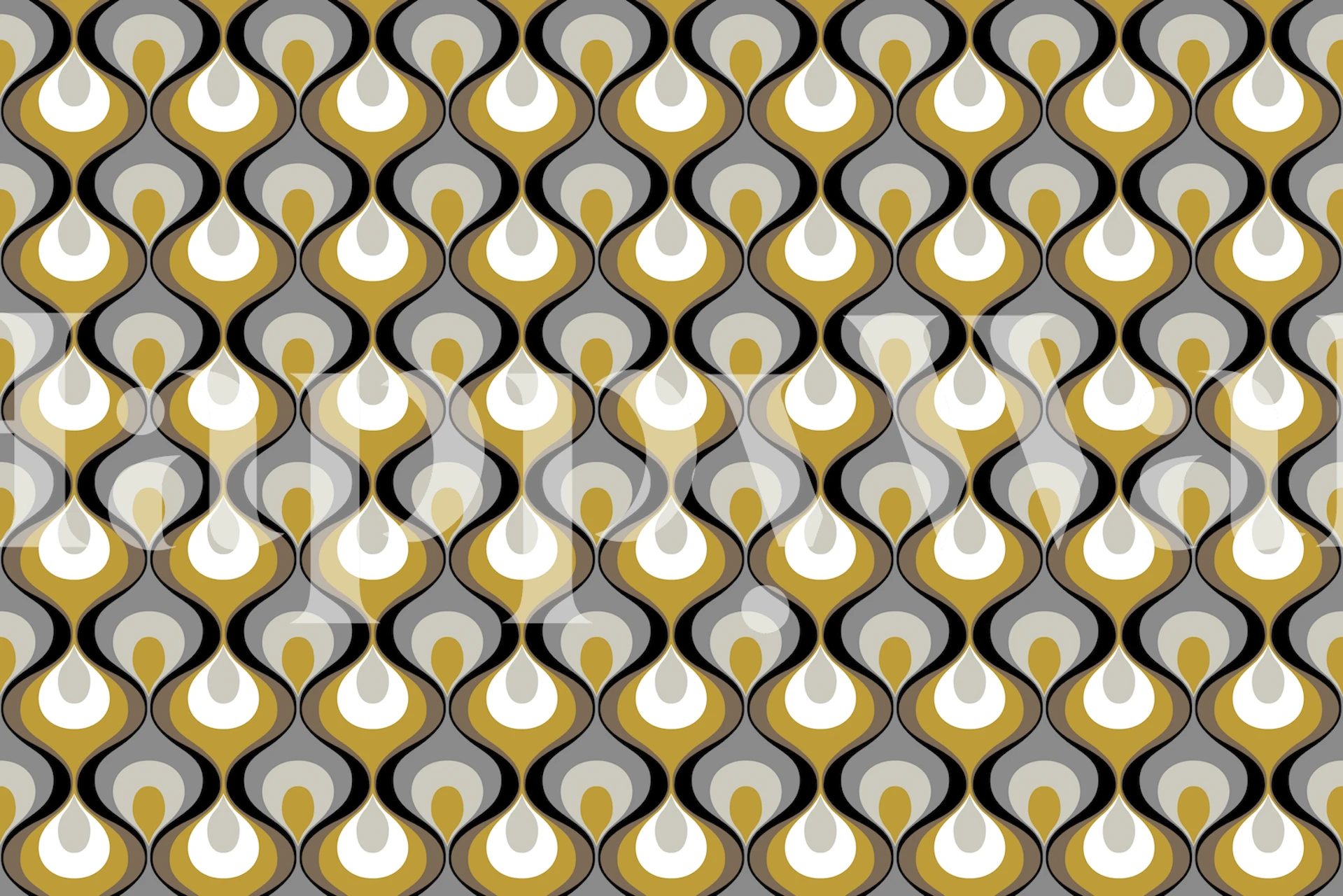 Retro teardrop pattern in gold, grey, and white wallpaper
