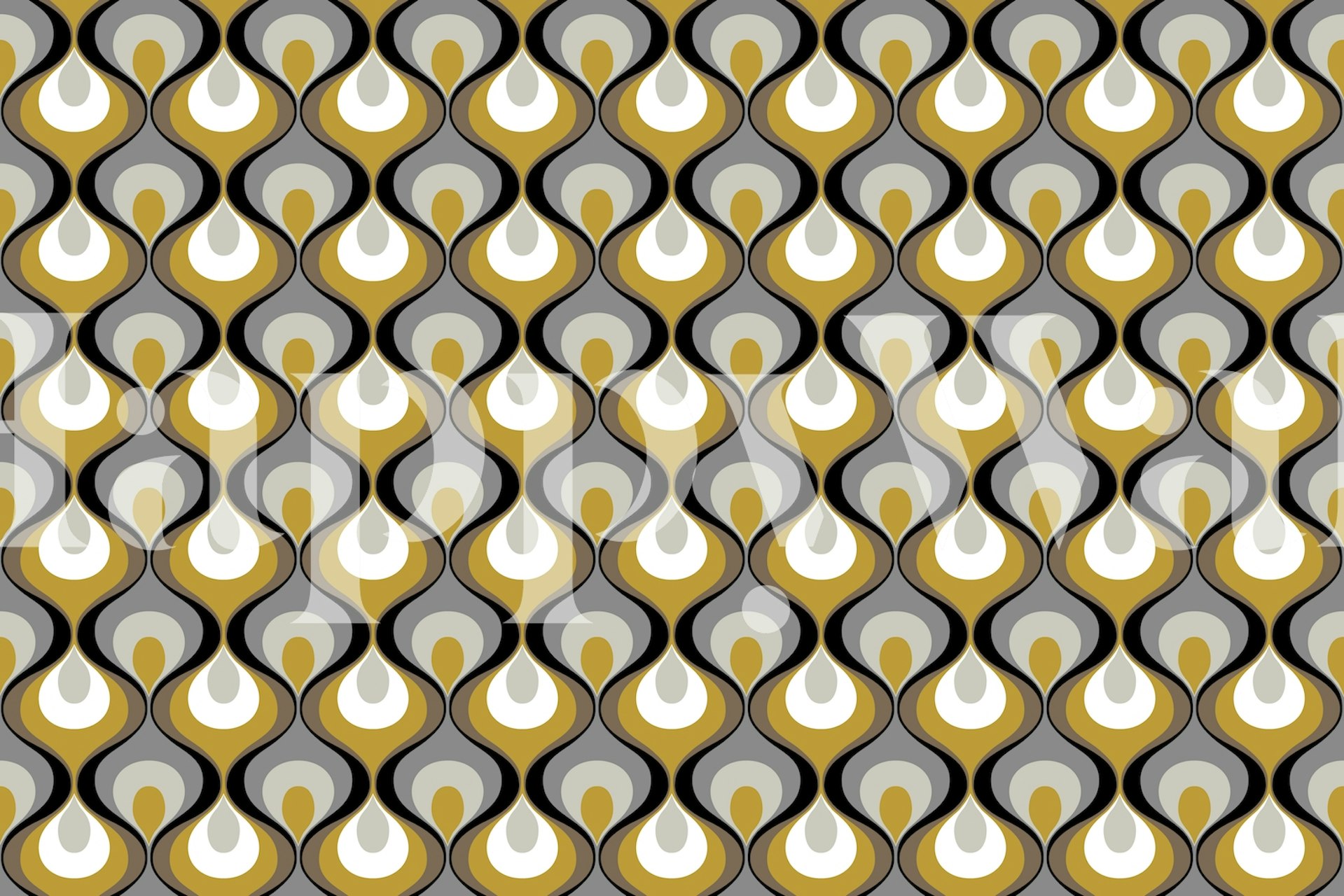 Retro teardrop pattern in gold, grey, and white wallpaper