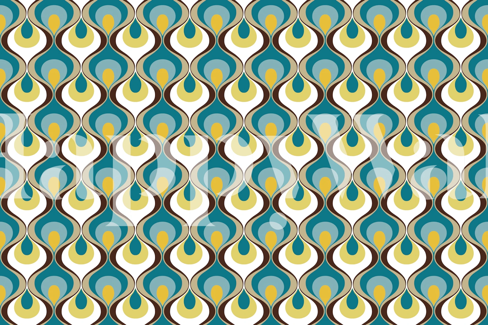 Papier peint mural d'inspiration moderne du milieu du siècle avec des motifs de larmes rétro en bleu et jaune