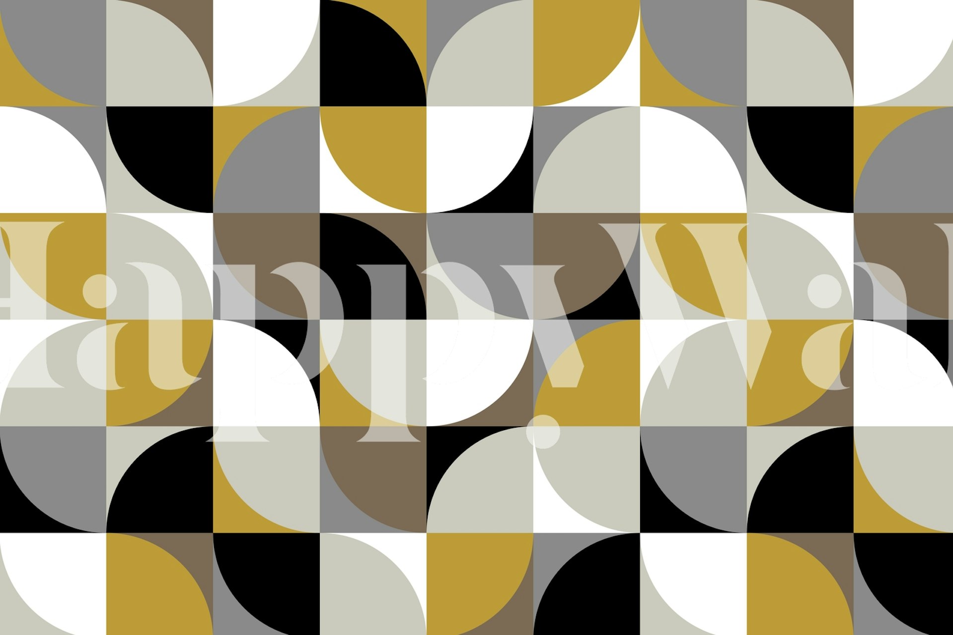 Retro mod squares design in black, white, grey, and gold for a wall mural