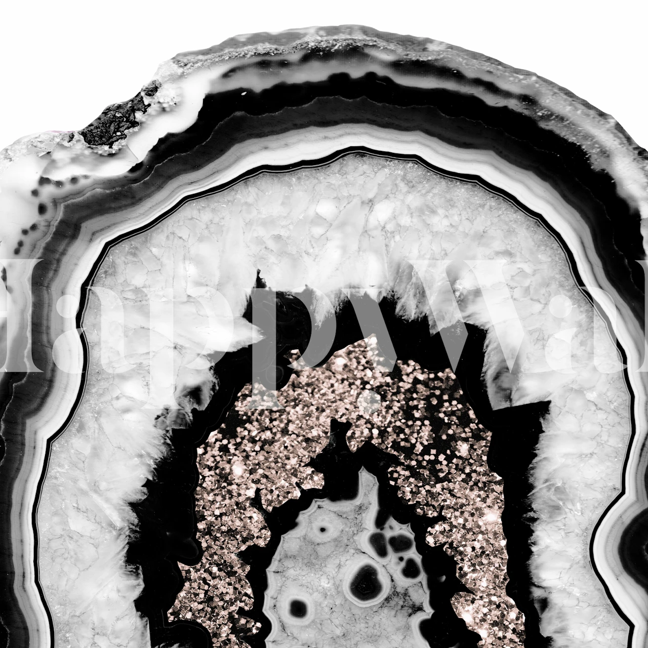 Gray and white agate wall mural with rose gold glitter details.