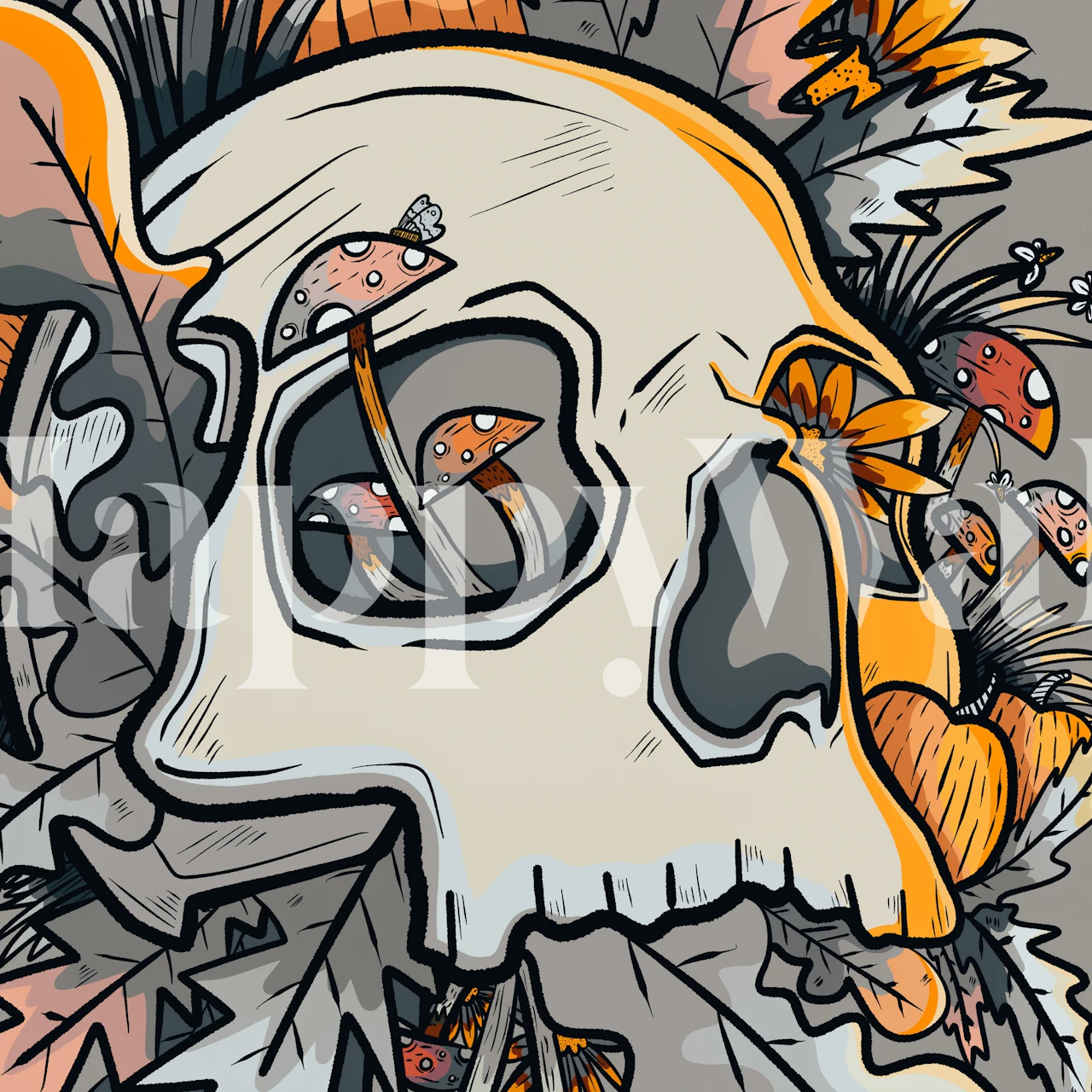 Mushroom and skull design with gray and orange colors wallpaper