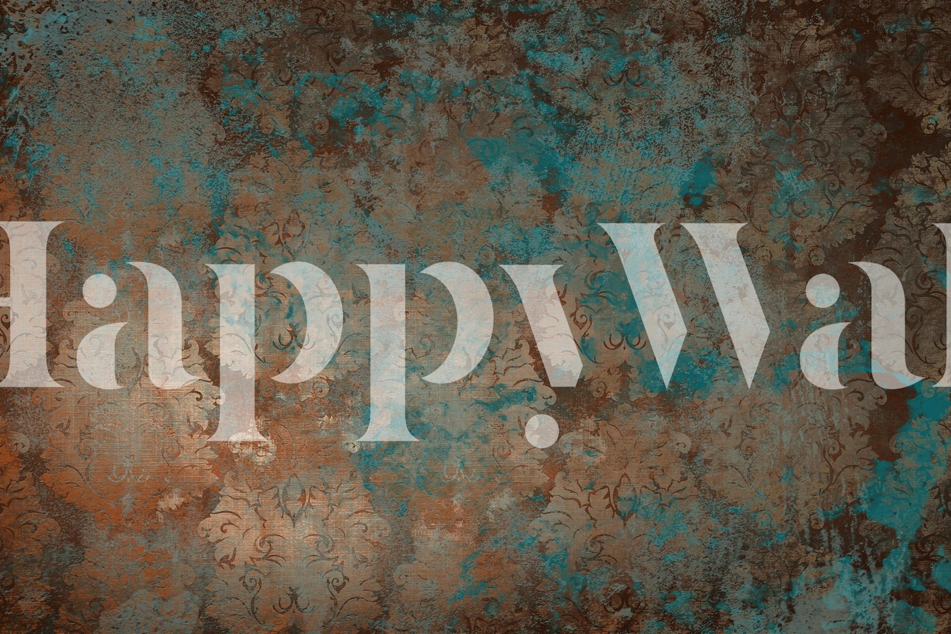 Antique damask pattern in teal, brown, and rust wallpaper