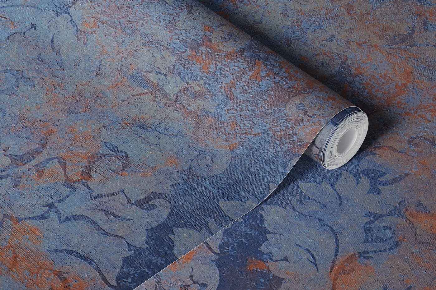 Antique Damask Royal Blue Rust wallpaper roll