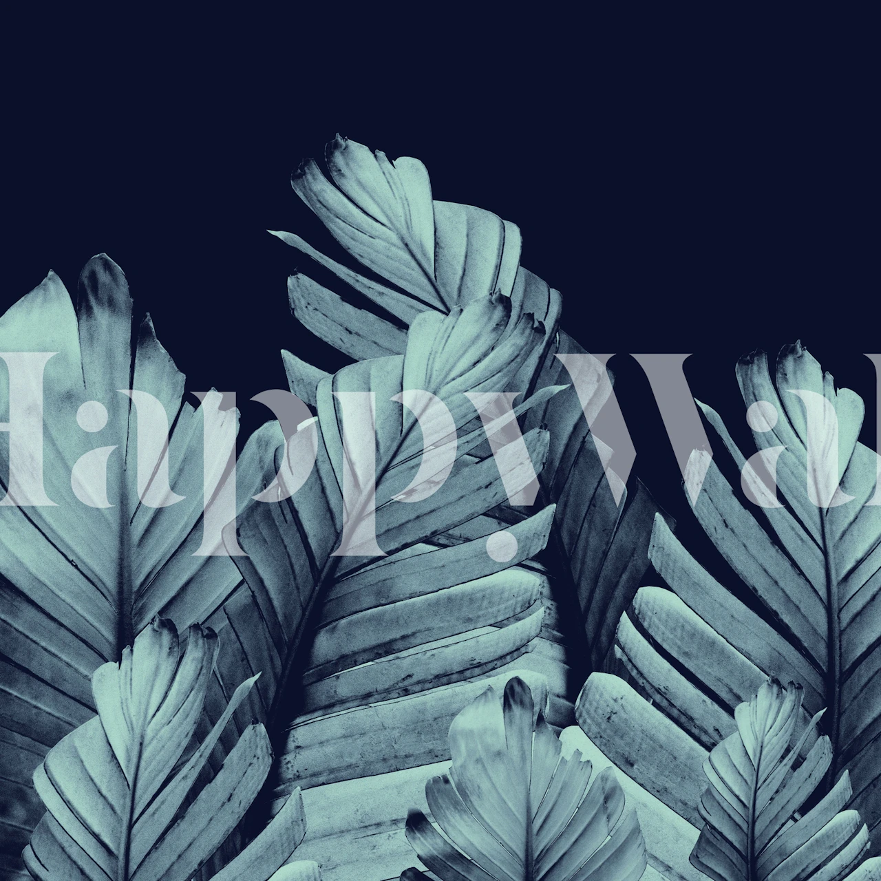 Navy blue wallpaper featuring tropical banana leaves in detailed green and gray tones.