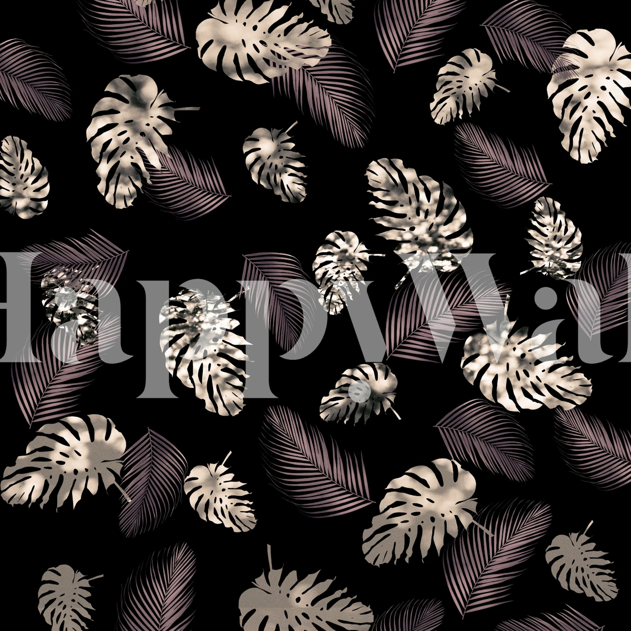 Tropical palm leaves in beige and gold on black wallpaper