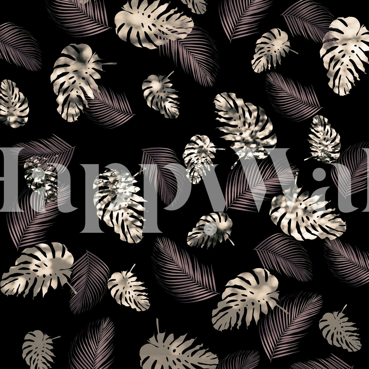 Tropical palm leaves in beige and gold on black wallpaper