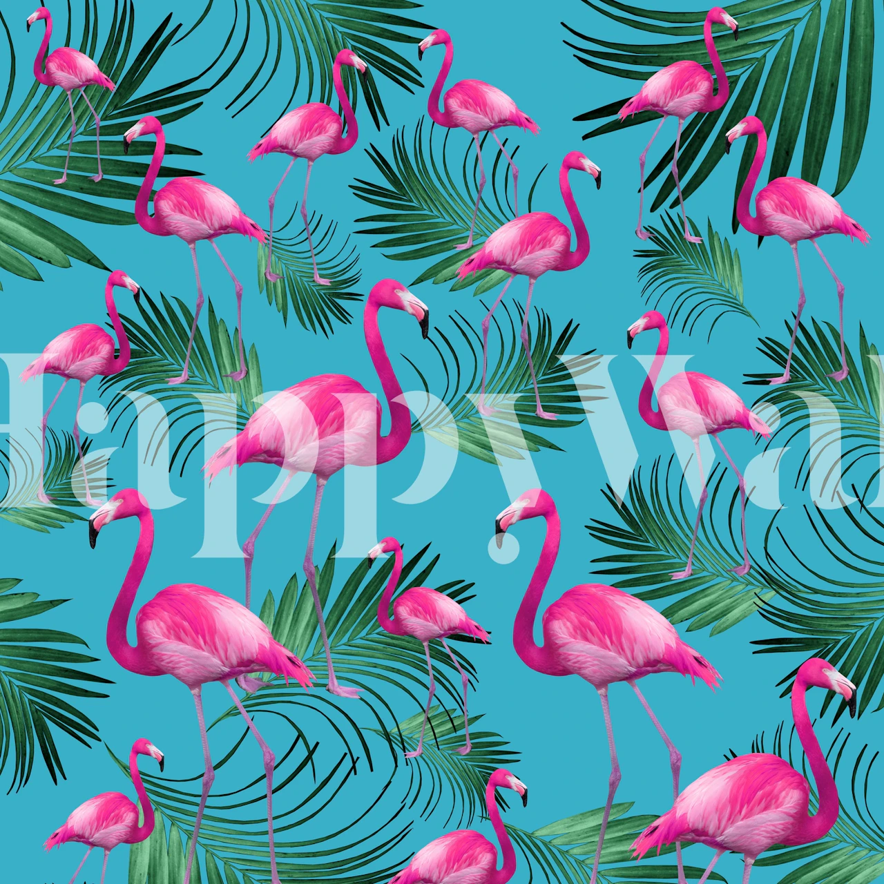 Flamingos and green palm leaves on a blue background wallpaper