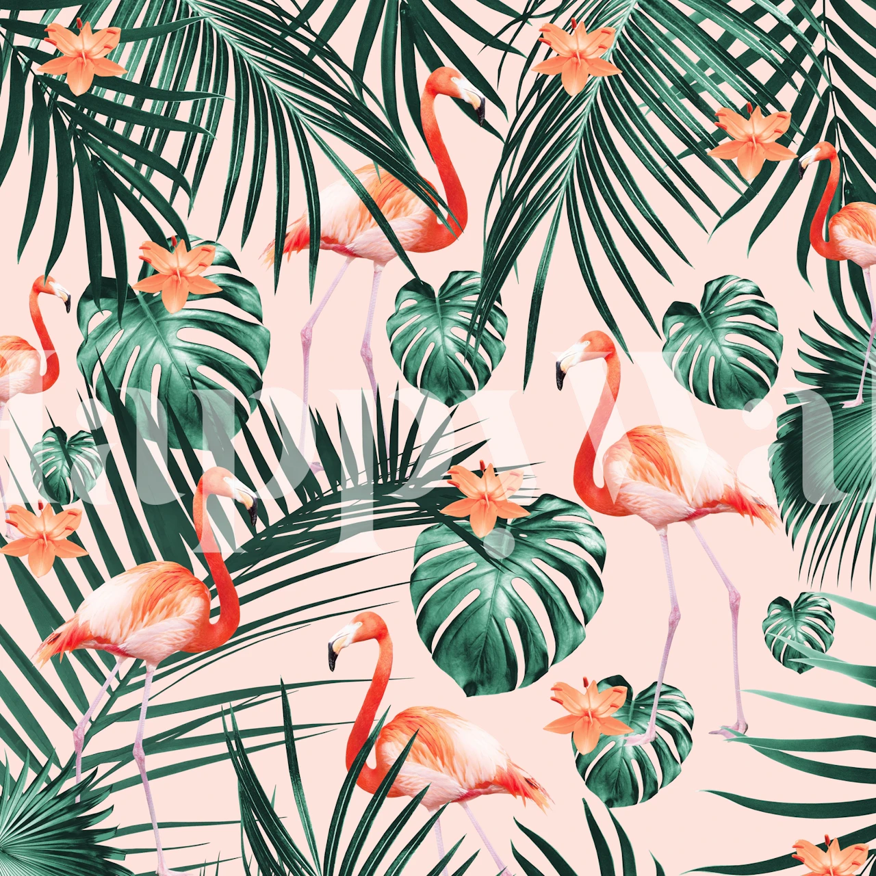 Tropical flamingo pattern with green leaves and pink background wallpaper