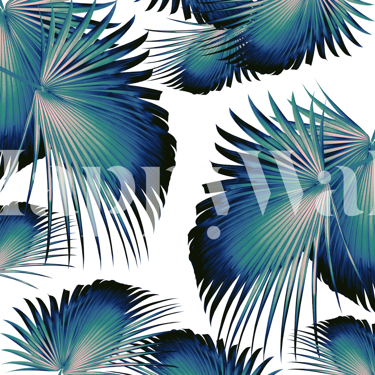 Tropical palm leaves in blue and green colors on white background wallpaper