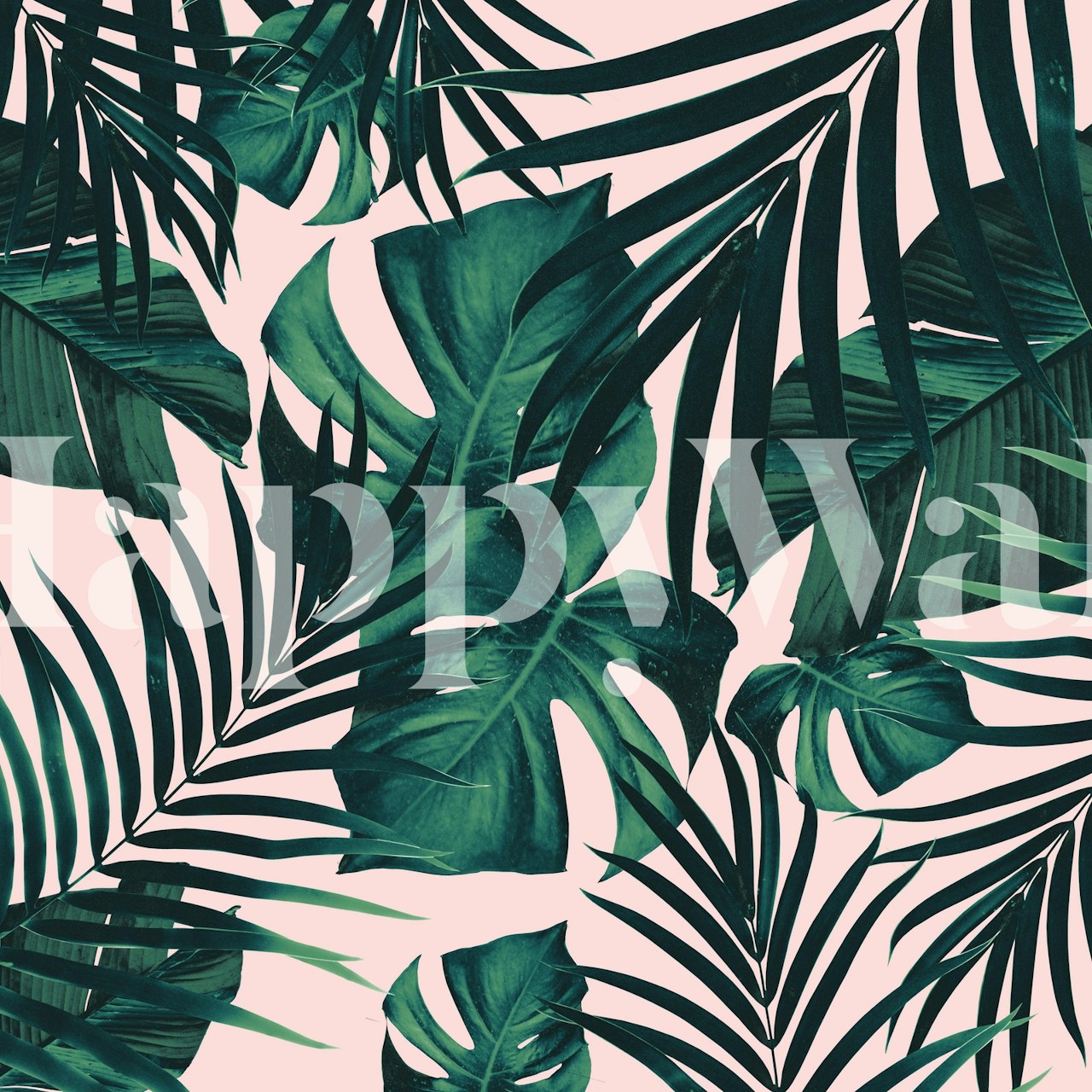Tropical leaves in green hues on soft pink background wallpaper