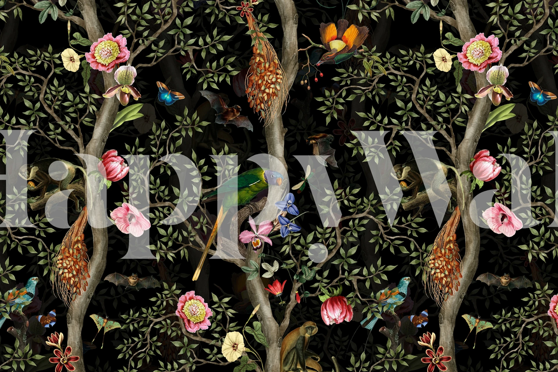 Tropical floral wallpaper with colorful parrots, flowers, and leaves on a black background