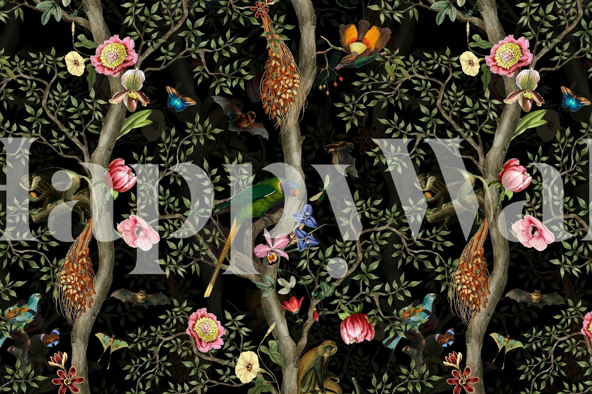 Chinoiserie fotobehang met tropische vogels en bloemmotieven op een donkere achtergrond