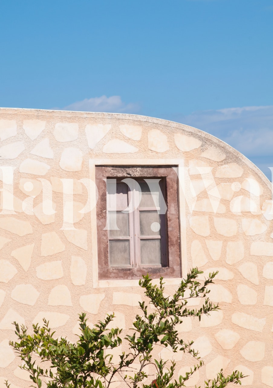 Architectural wall with textured beige stones and wooden window wallpaper