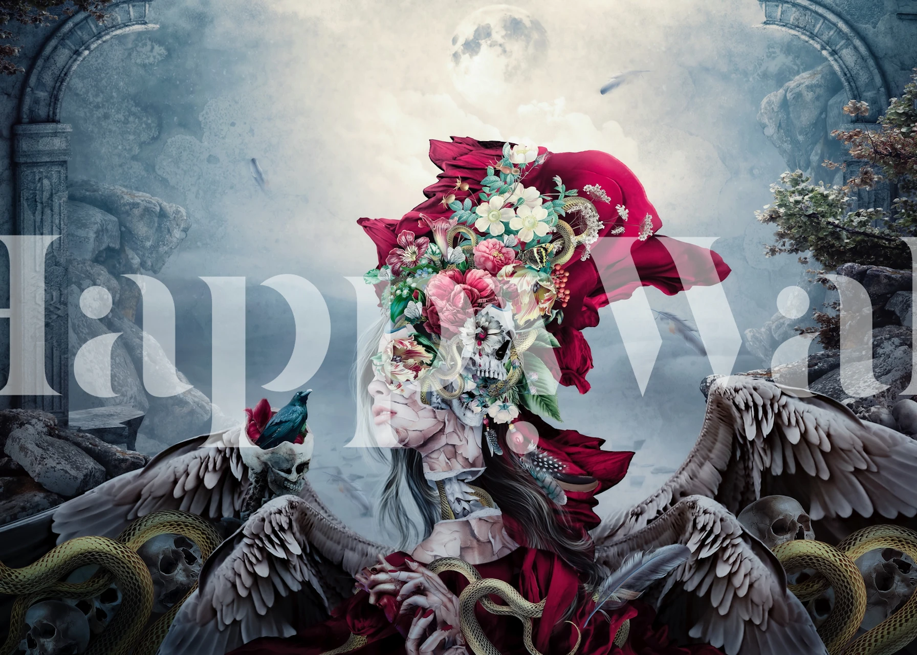 Un crâne décoratif avec des ailes d'ange et des ornements floraux sur un fond mural baroque