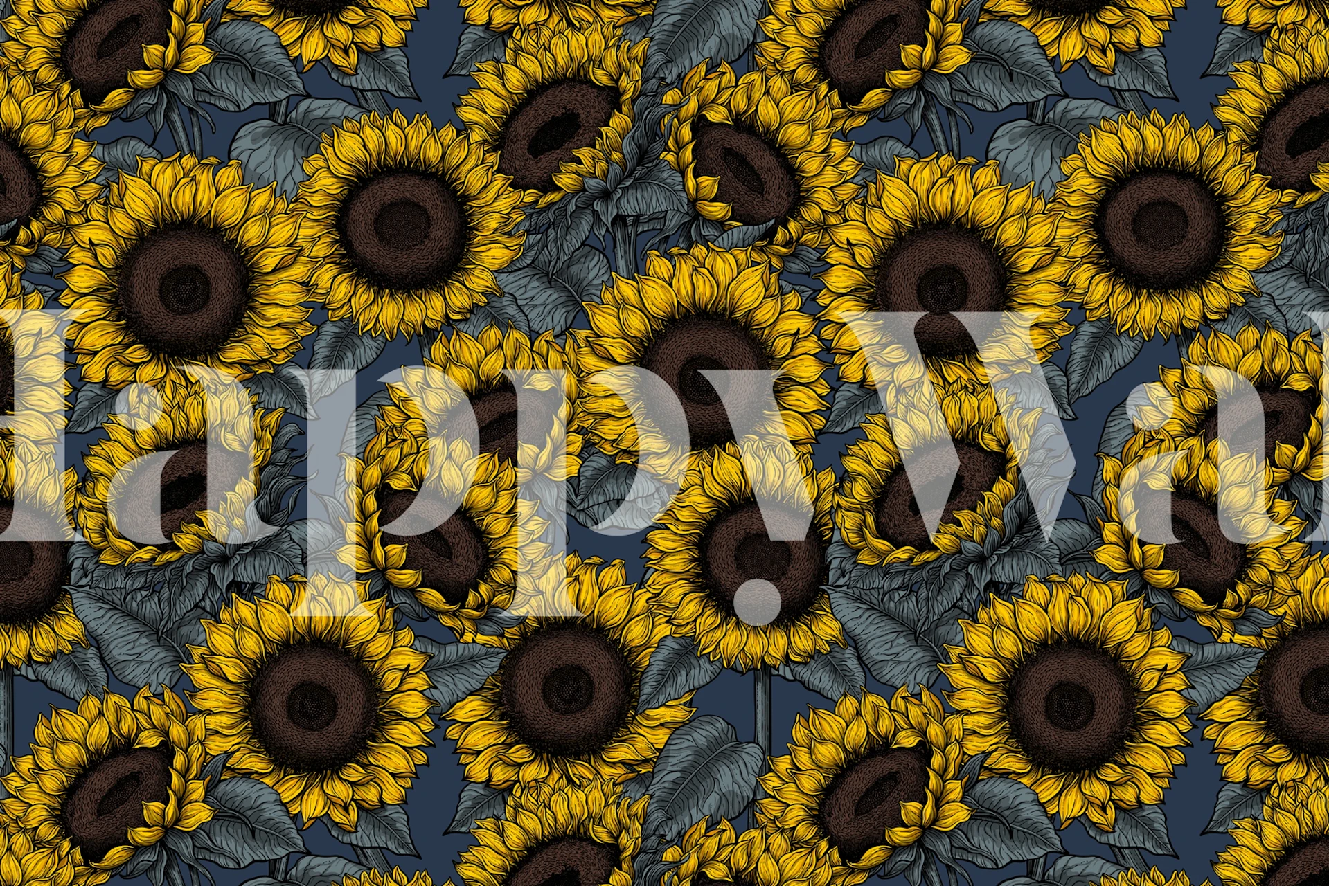 Sunflower field wall mural with vibrant yellow flowers and dark centers on a blue background