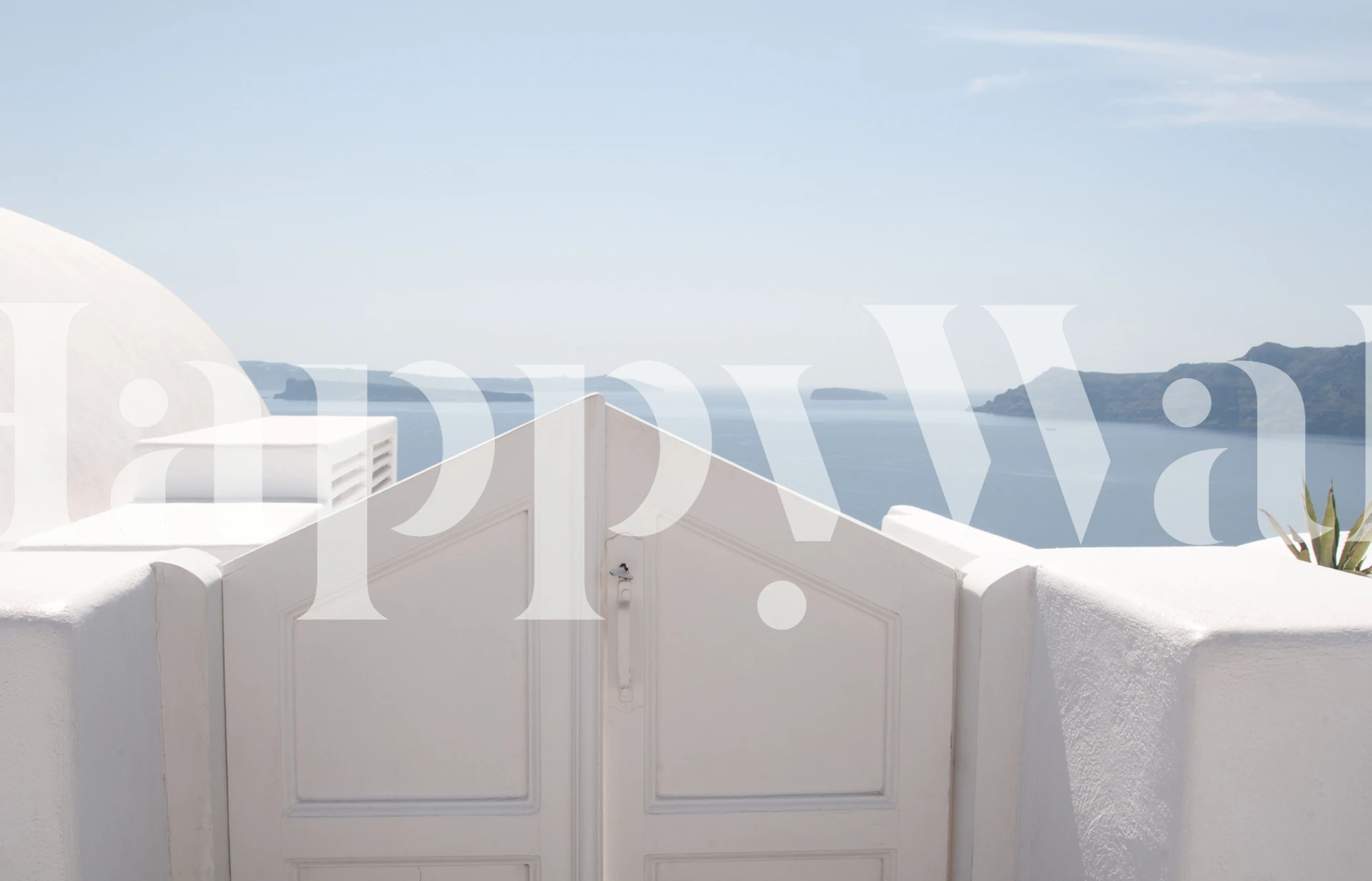 White gate overlooking blue sea and hills wallpaper