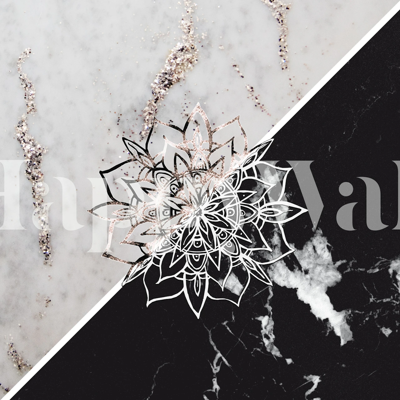 Yin Yang mandala pattern on black and white marble wallpaper