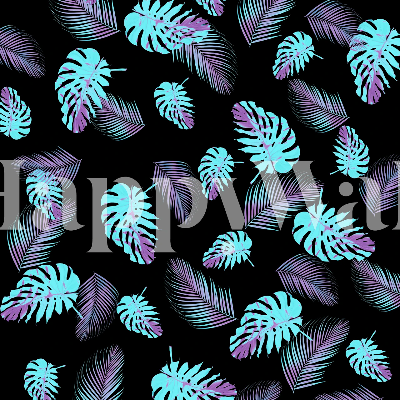 Turquoise monstera leaves pattern on a black background wall mural