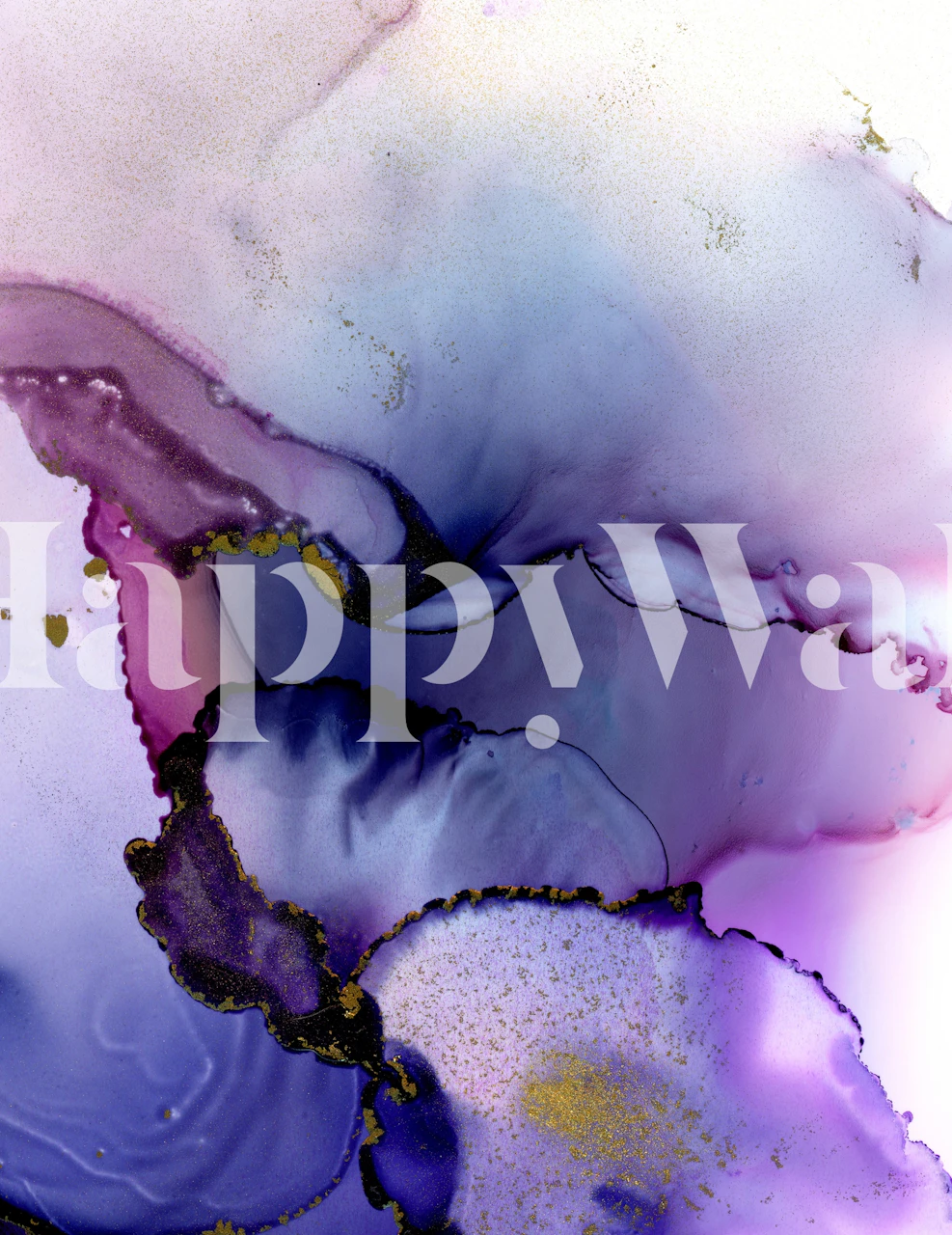 Papier peint mural abstrait présentant des formes fluides en violet, bleu et or, style moderne