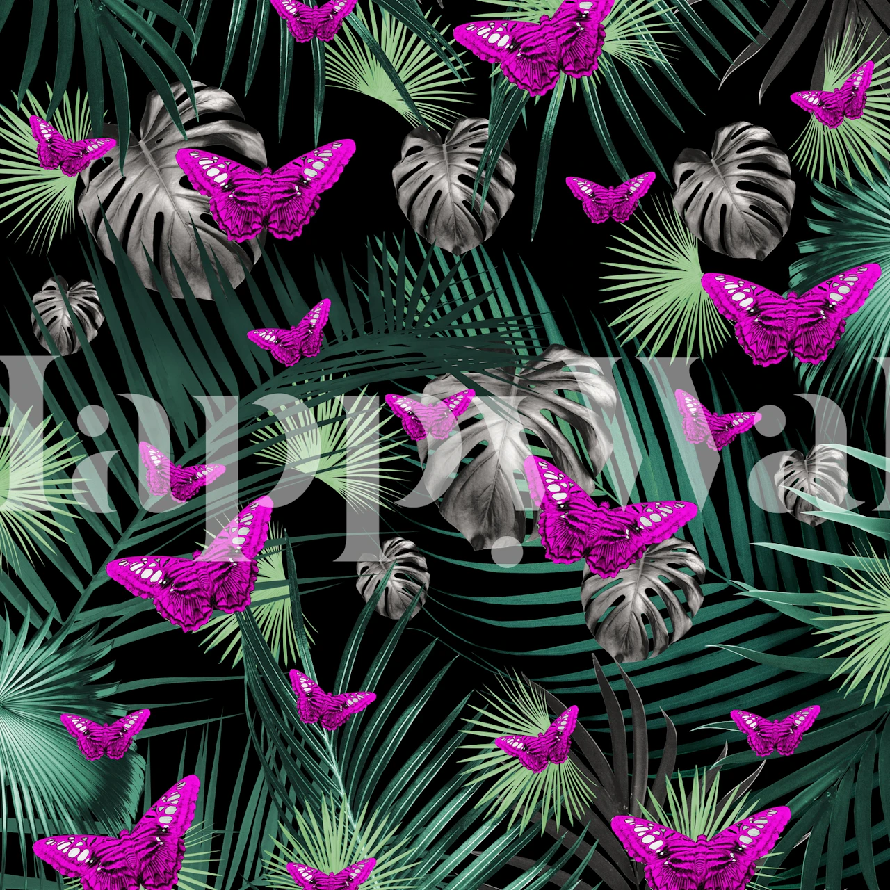 Tropical wallpaper with green palm leaves and bright pink butterflies