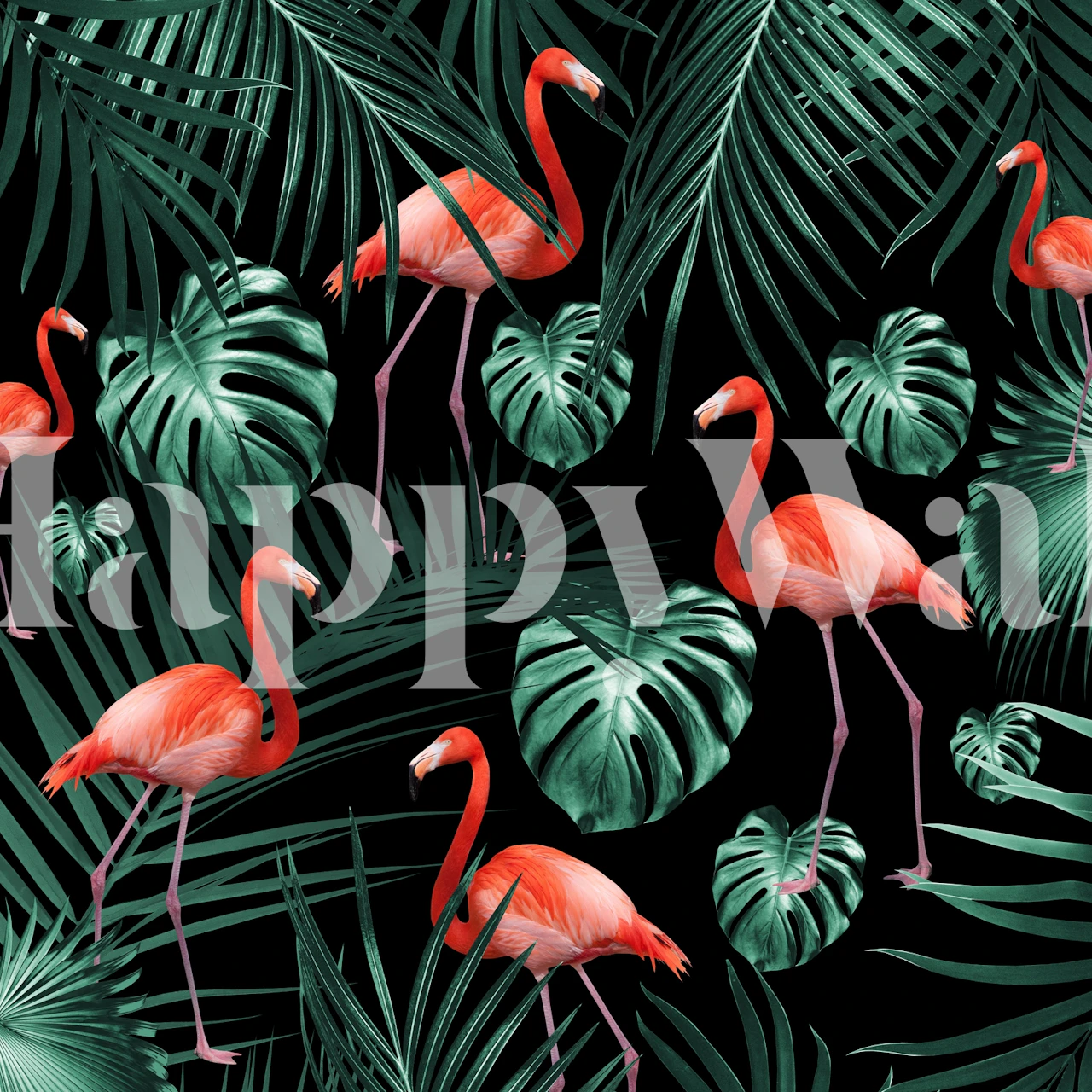 Exotisches Tapetendesign mit Palmblättern und rosa Flamingos von Happywall