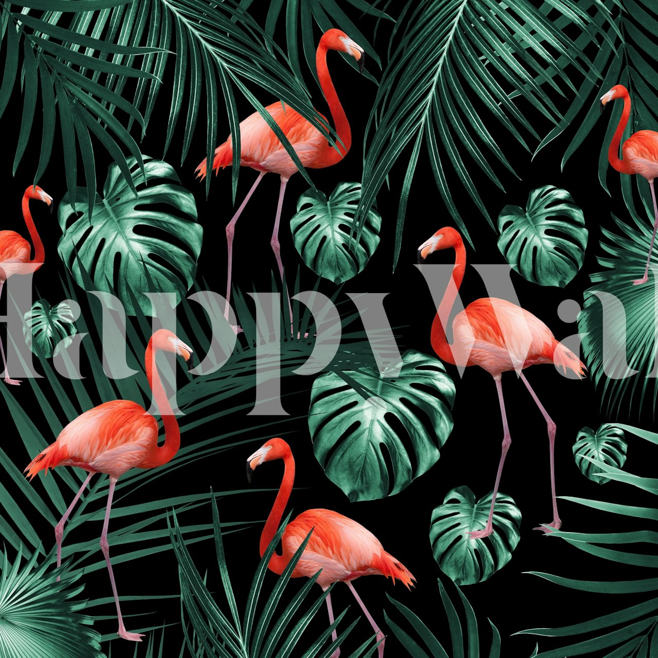 Tropical palm leaves and flamingos on a black background wallpaper