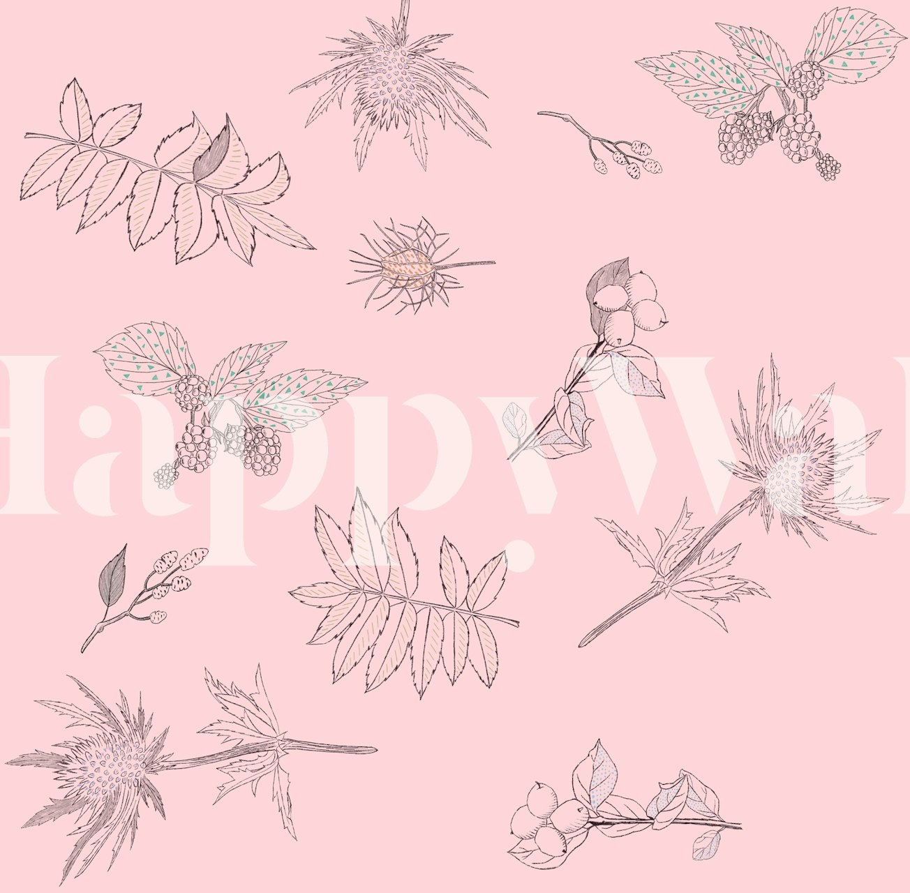 Pink floral pattern with hand-drawn botanical elements wallpaper