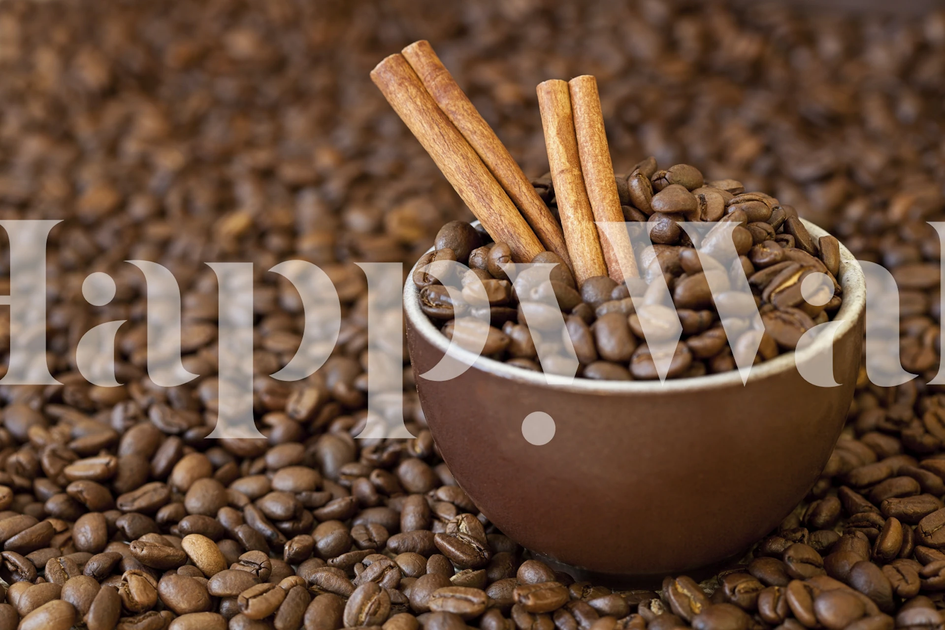 Coffee beans and cinnamon sticks in a bowl wallpaper