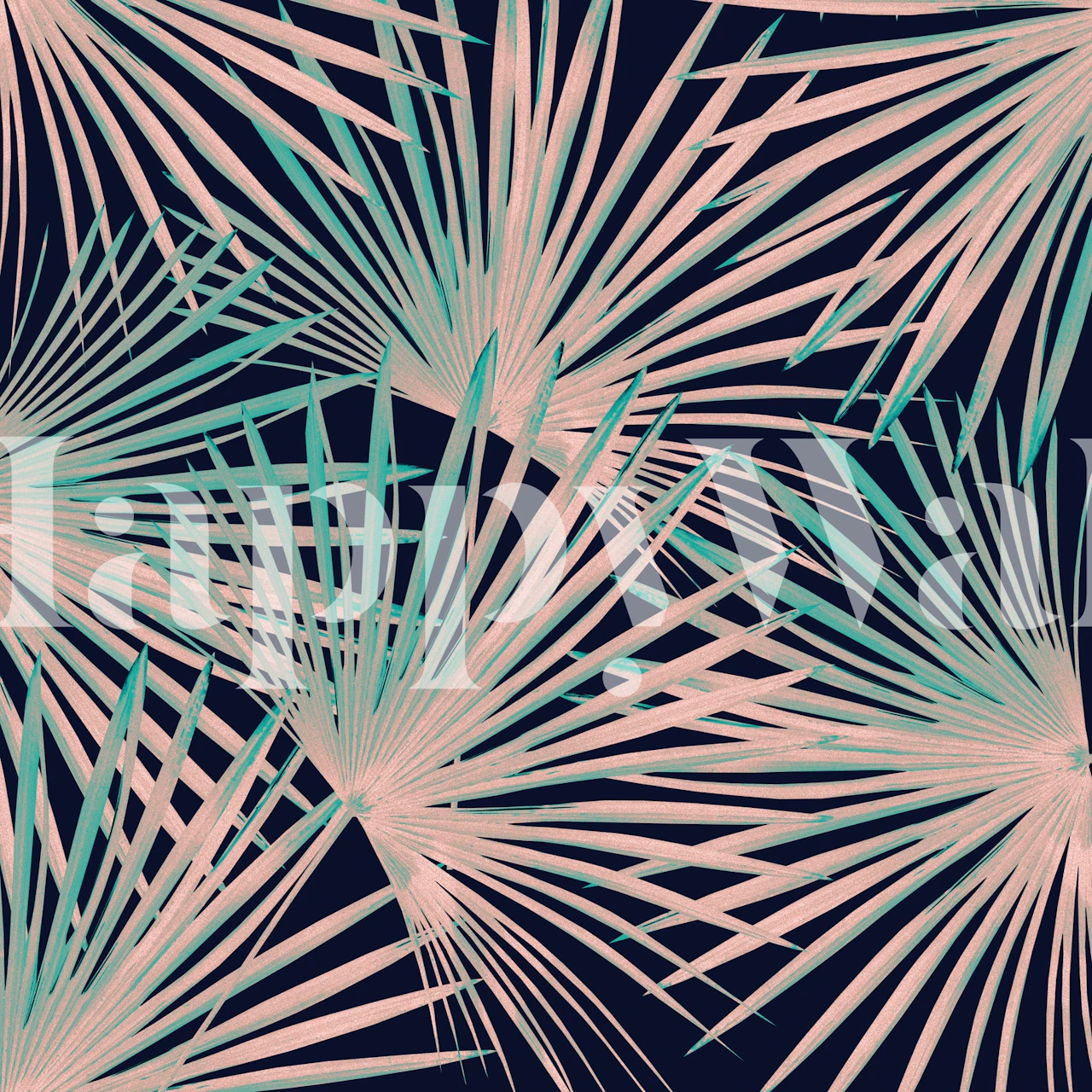 Tropical fan palm leaves in green and pink on a dark background wallpaper