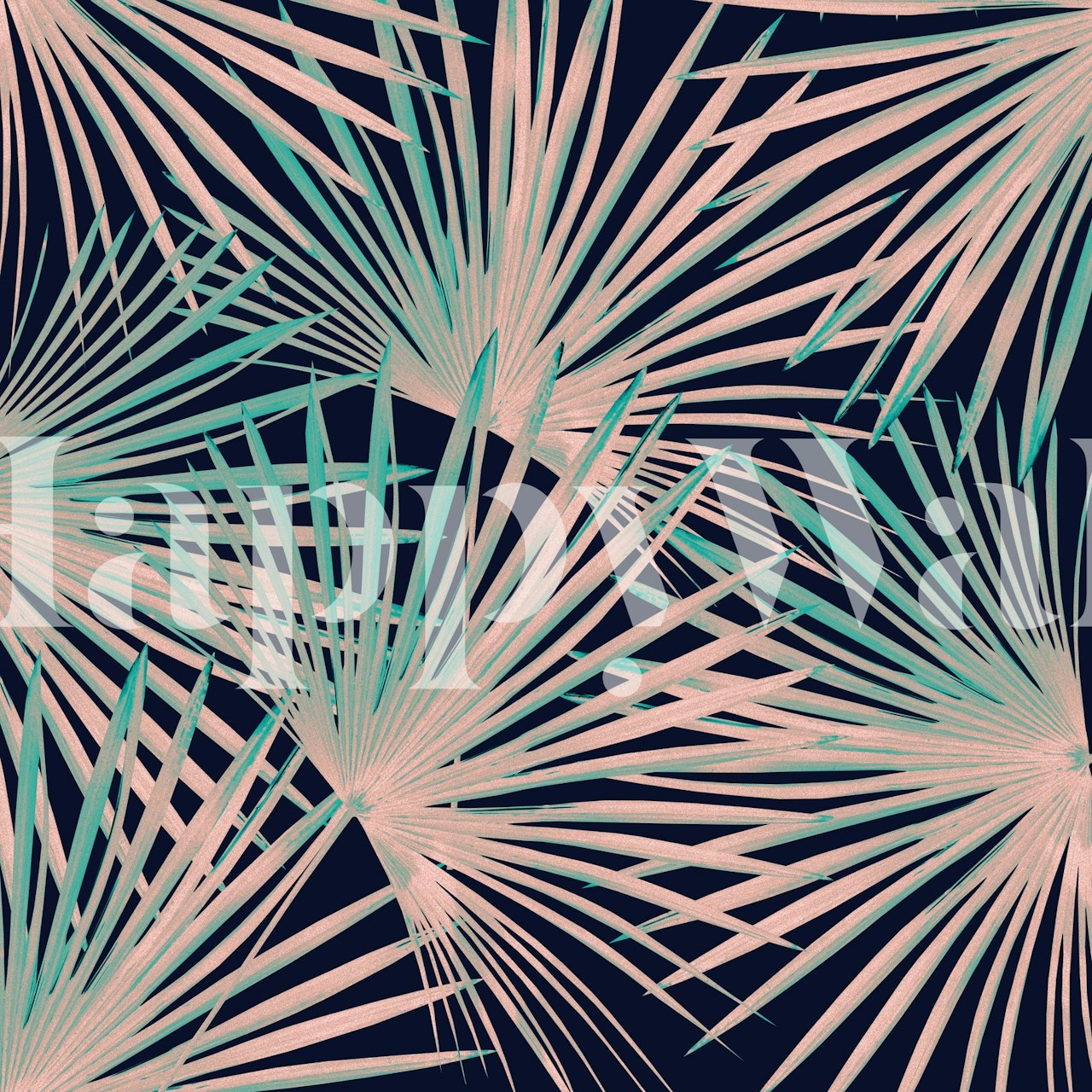 Tropical fan palm leaves in green and pink on a dark background wallpaper