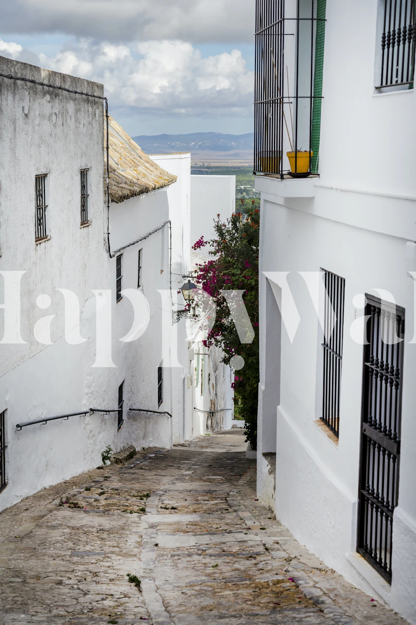 White village street with blooming bougainvillea wallpaper