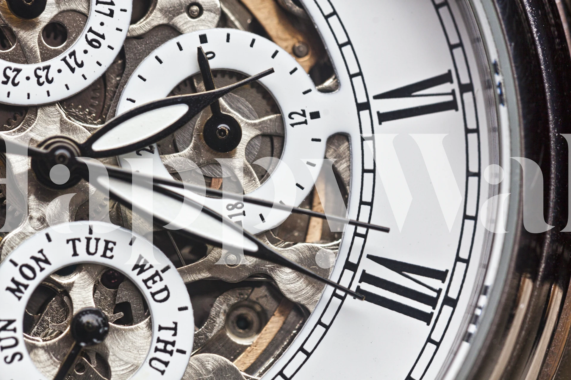 Wall mural of an intricate watch mechanism with visible gears and Roman numerals