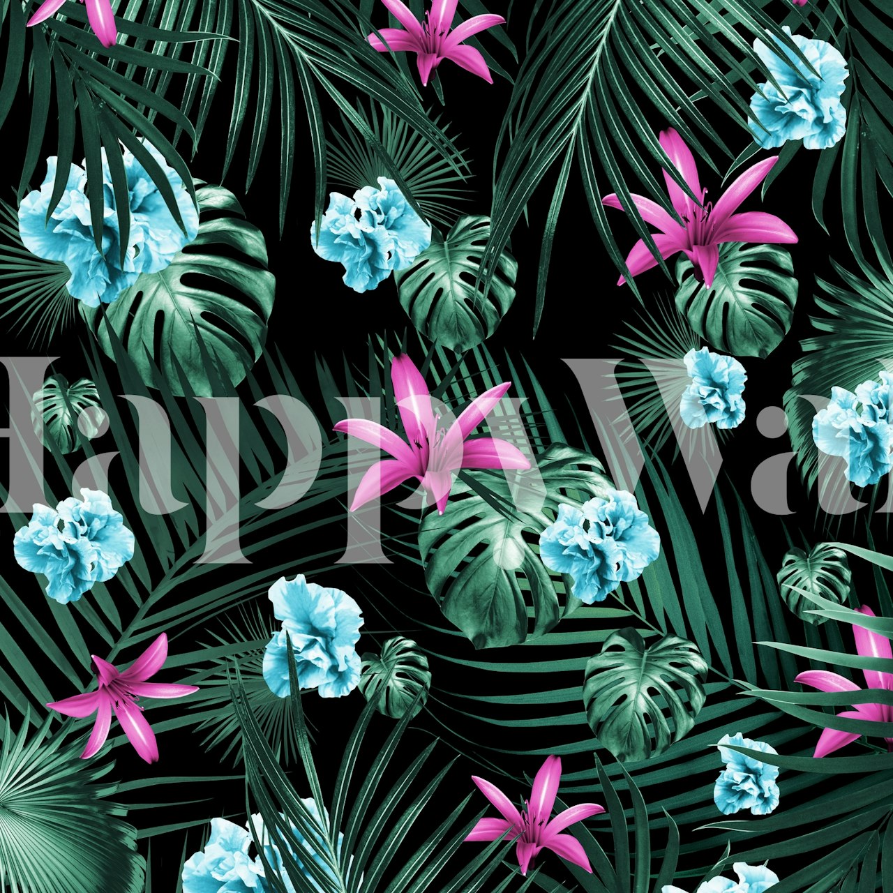 Tropical floral wallpaper featuring pink lilies, blue flowers, and lush green leaves