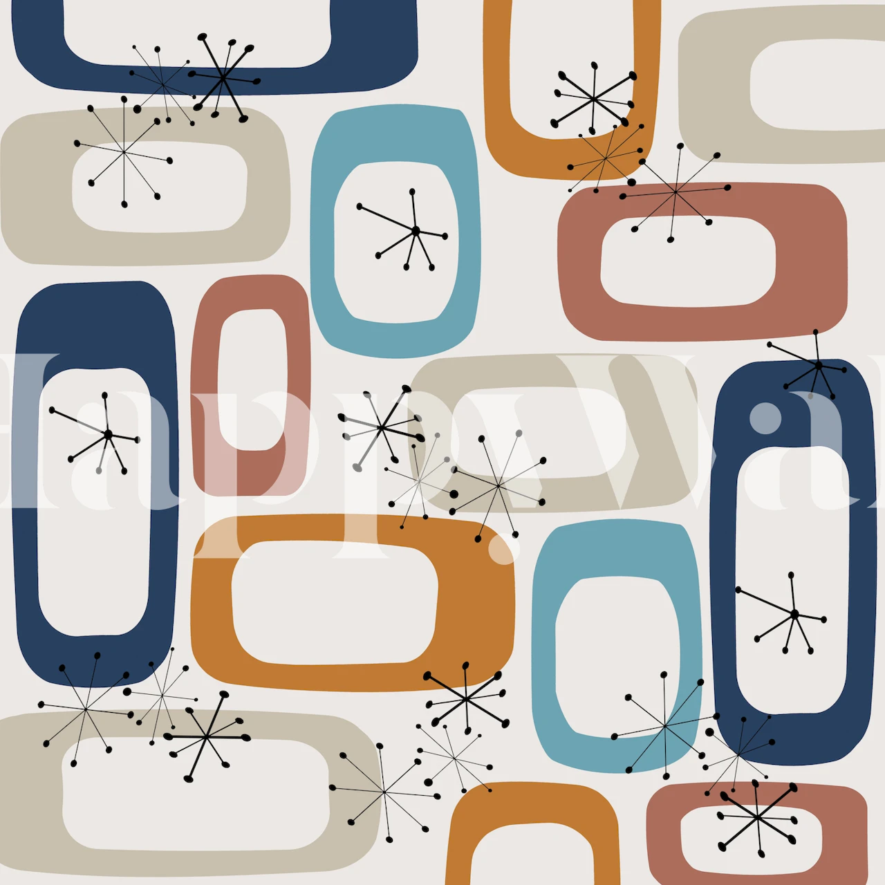 Papel de parede Mid Century Modern Shapes exibido em um quarto