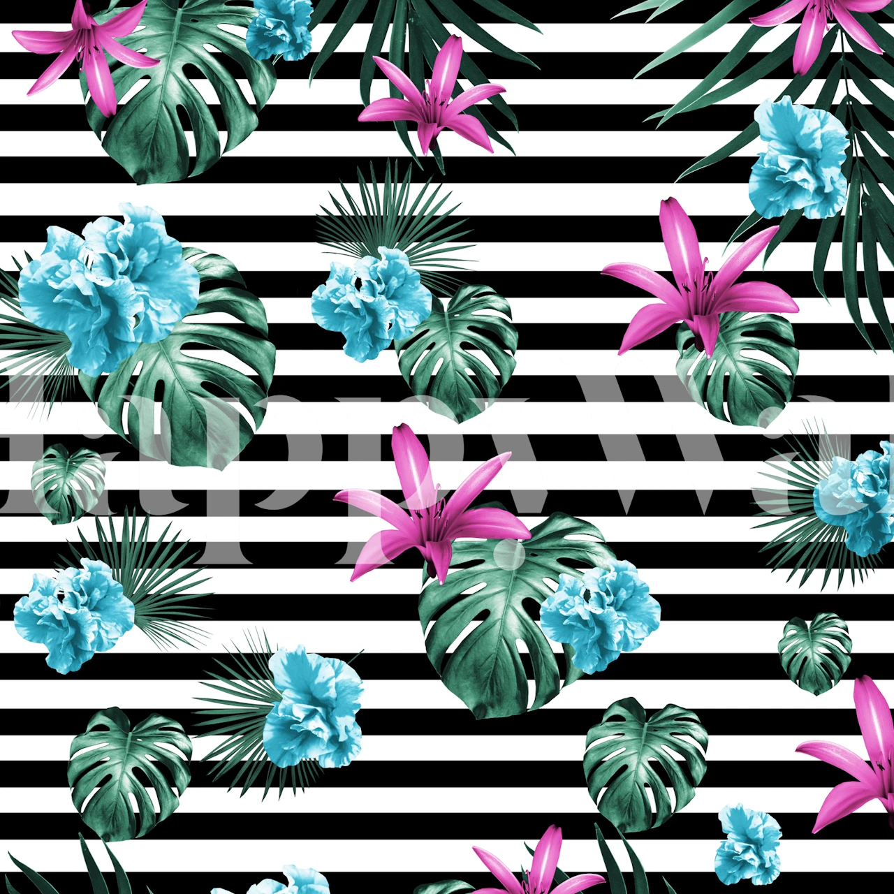 Tropical flowers with palm leaves on striped background wall mural