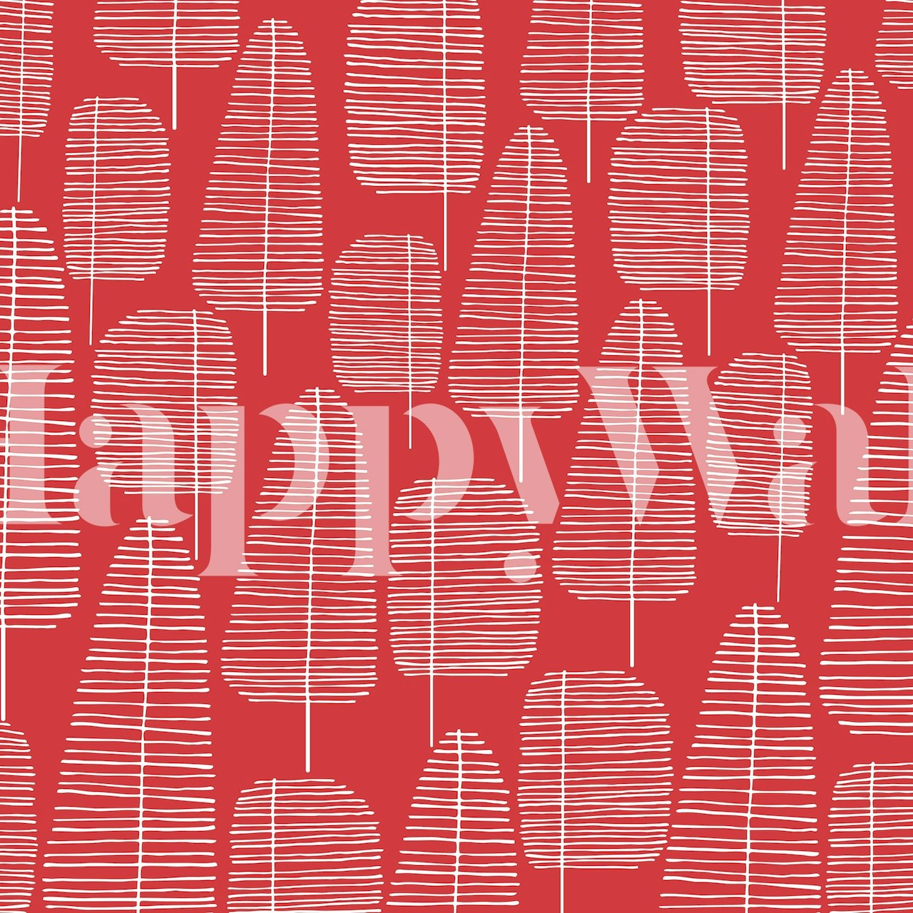 Fototapete „Mid Century Trees Red 2“ mit abstrakten Baumformen in roter Farbe