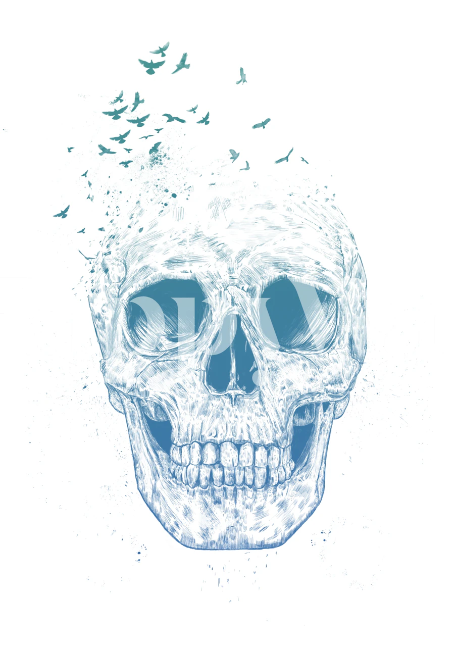 Skull illustration with blue gradient and birds wallpaper