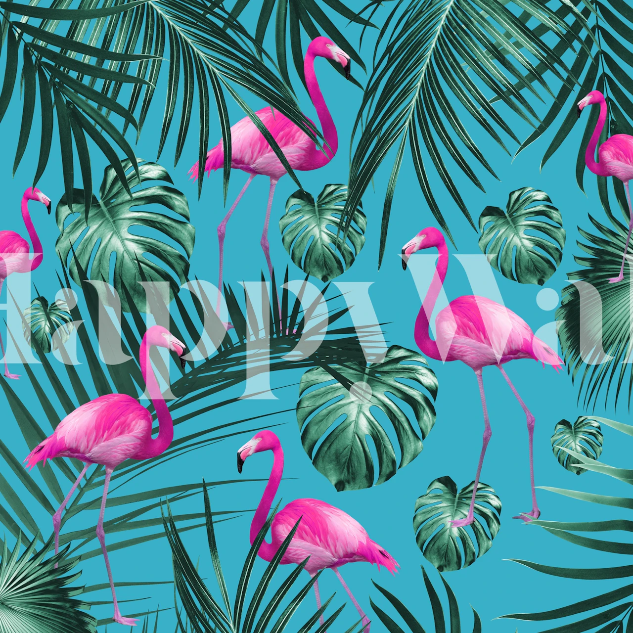 Vibrant tropical flamingo and palm leaf pattern wallpaper