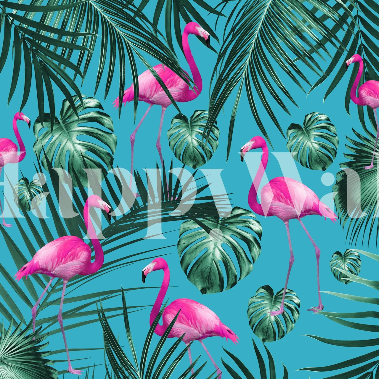 Vibrant tropical flamingo and palm leaf pattern wallpaper