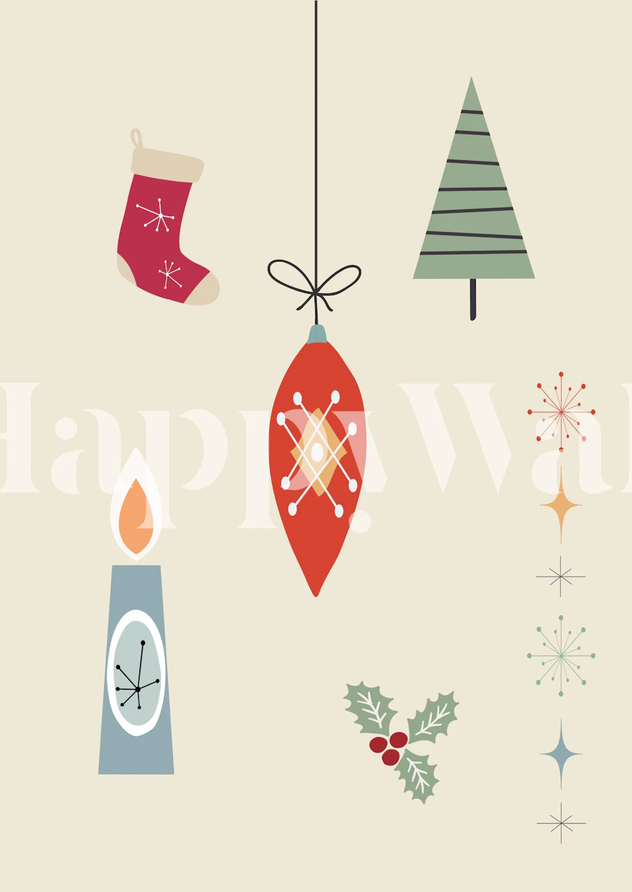 Retro Christmas wall mural with illustrated stocking, tree, candle and snowflakes