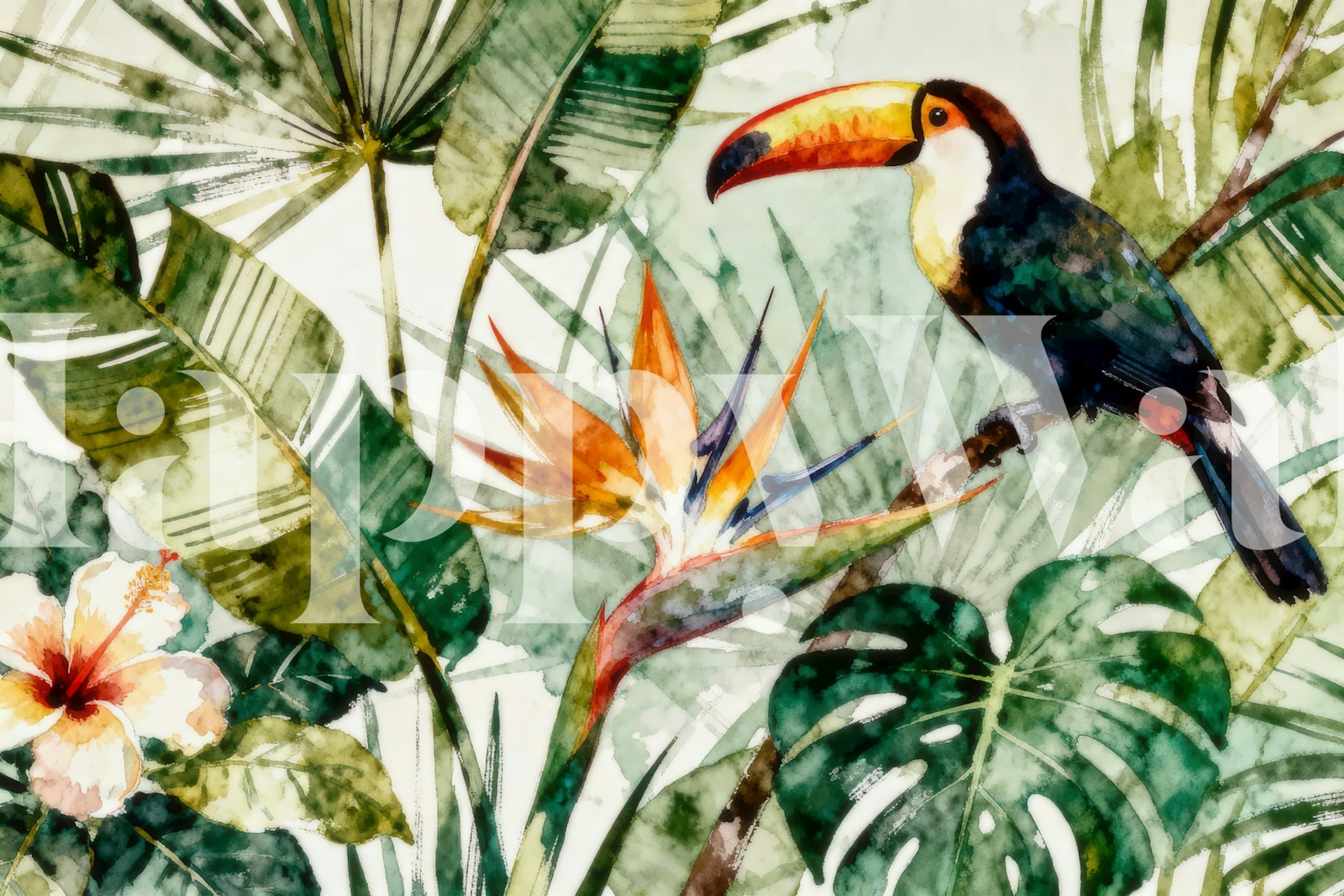 Two tropical birds on branches with green leaves against a black background wallpaper