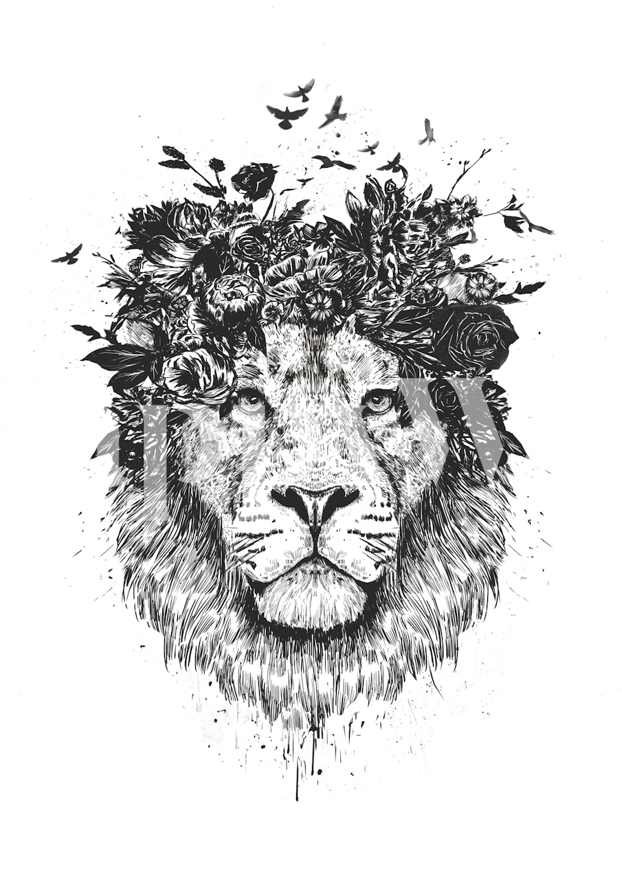 Floral lion with intricate flowers and birds in black and white wallpaper