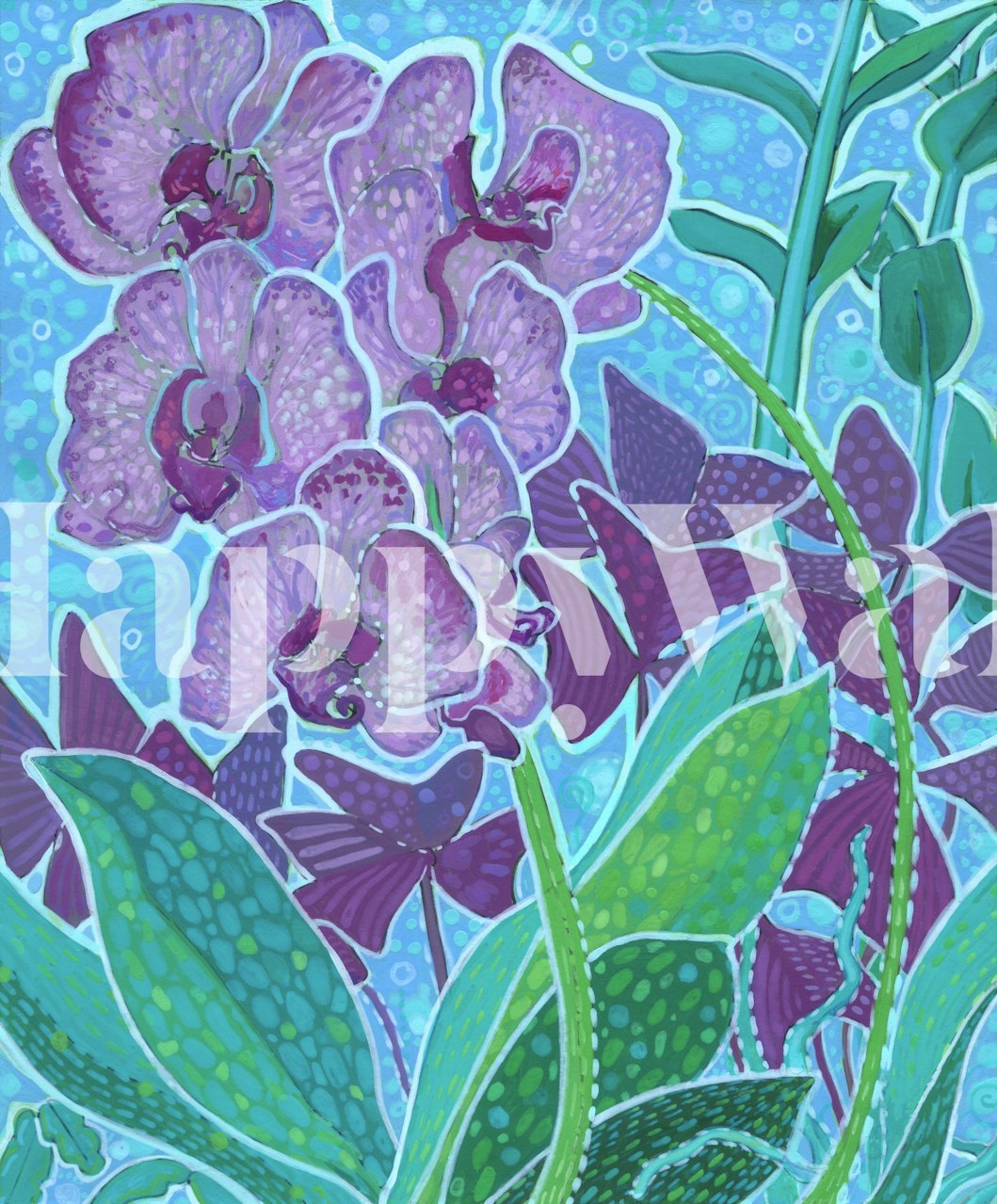 Purple orchids with green leaves on a blue background wallpaper