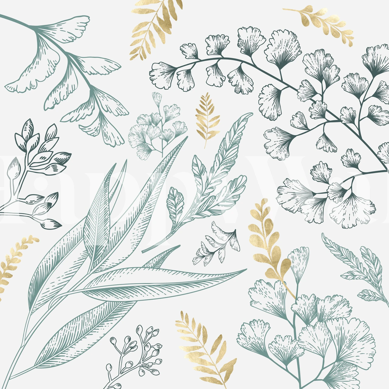 Elegant leaf and gold accents wall mural on a white background