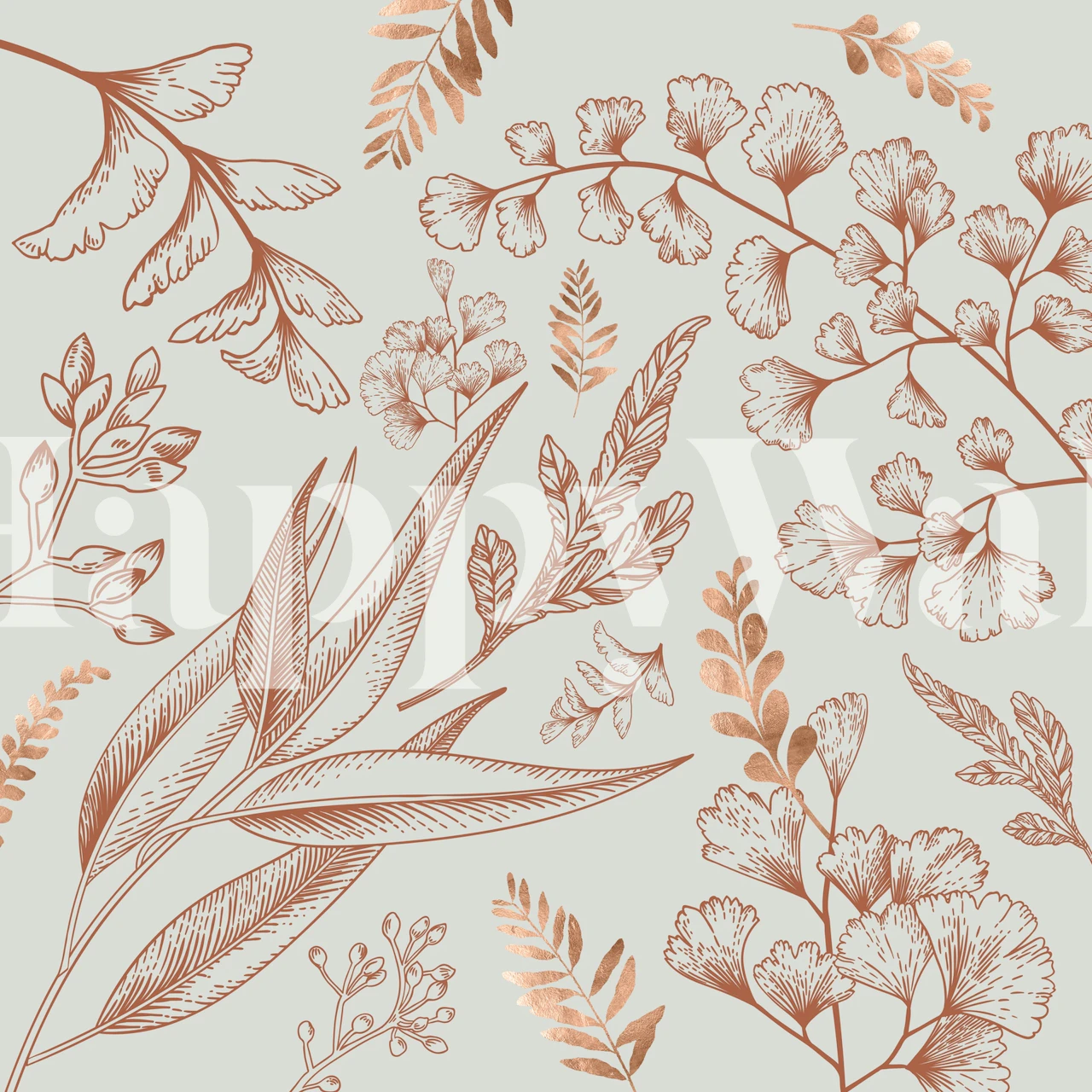 Brown botanical floral wallpaper with light green background